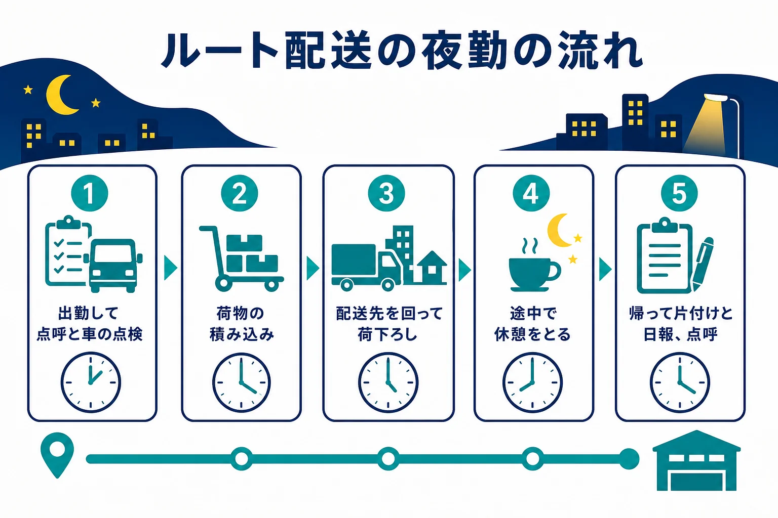 夜のルート配送のドライバーが出勤から終業までに行う仕事の流れの図解