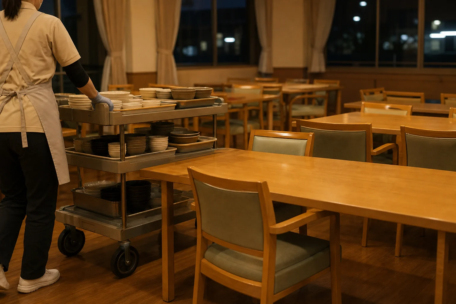 夜の介護施設の食堂で、片付けを終えたテーブルと配膳車が並ぶ様子