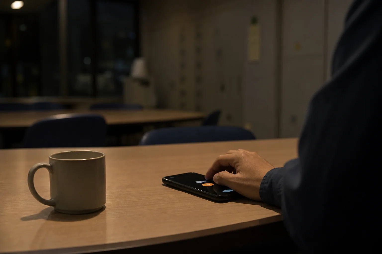 夜勤の休憩時間に、コーヒーを飲んでからアラームをかけて仮眠する準備をしている手元の写真