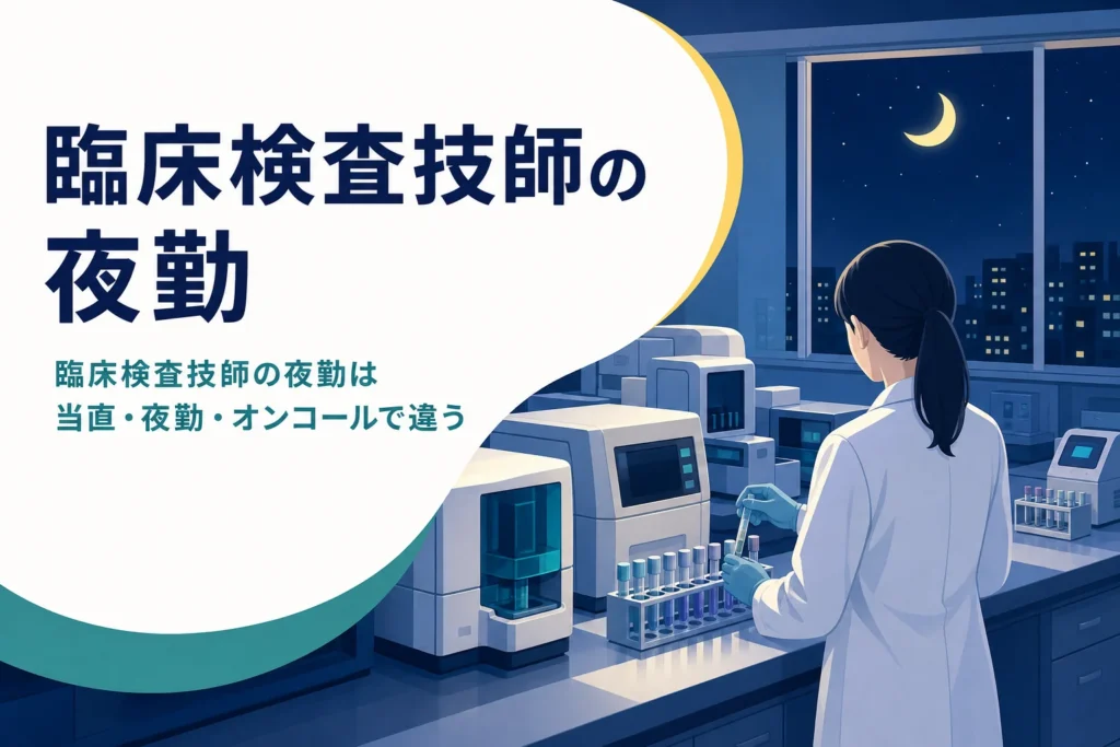 臨床検査技師の夜勤の当直・夜勤・オンコールの違いと仕事内容を紹介する記事のアイキャッチ