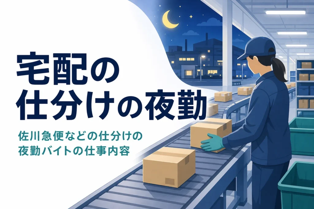 佐川急便などの宅配の仕分けの夜勤バイトの仕事内容を紹介する記事のアイキャッチ