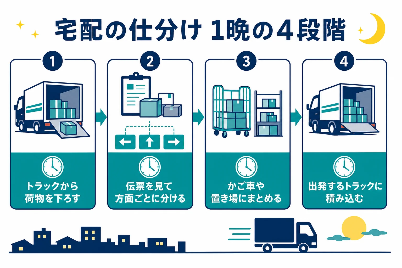 宅配の仕分けの夜勤でトラックの到着から積み込みまでの流れを示した図解