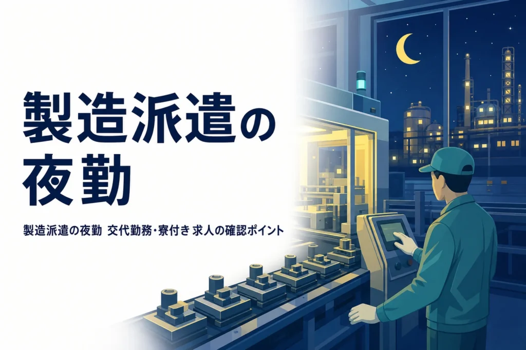 製造派遣の夜勤の交代勤務と寮付き求人の確認ポイントを紹介する記事のアイキャッチ