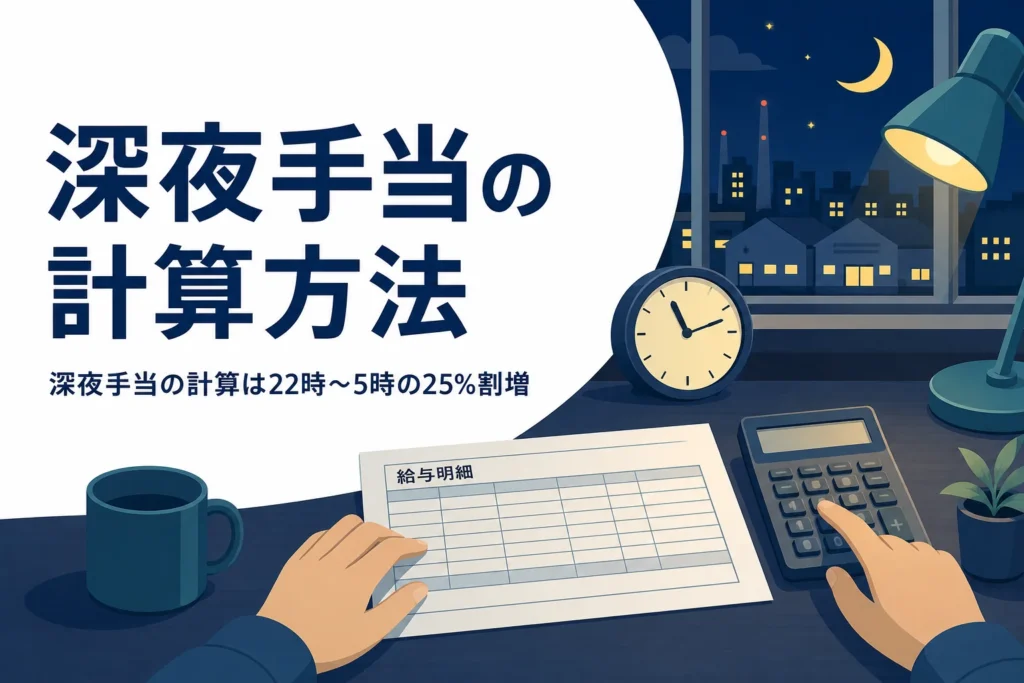 深夜手当の計算方法を22時〜5時の25%割増の例で紹介する記事のアイキャッチ