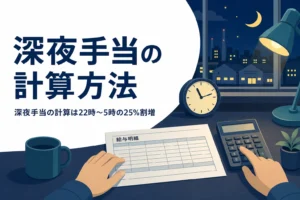 深夜手当の計算方法を22時〜5時の25%割増の例で紹介する記事のアイキャッチ