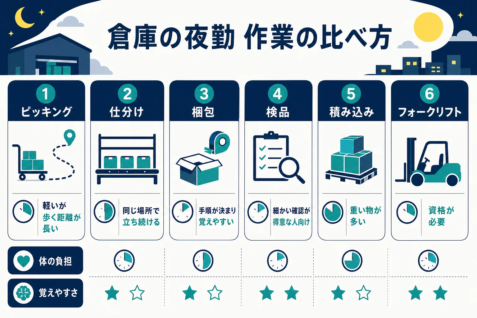 倉庫の夜勤の作業を体の負担と覚えやすさで分けた図解