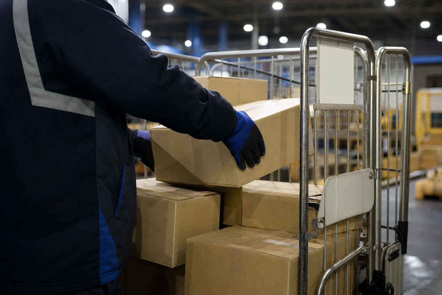 夜の倉庫で荷物を仕分ける作業者の手元