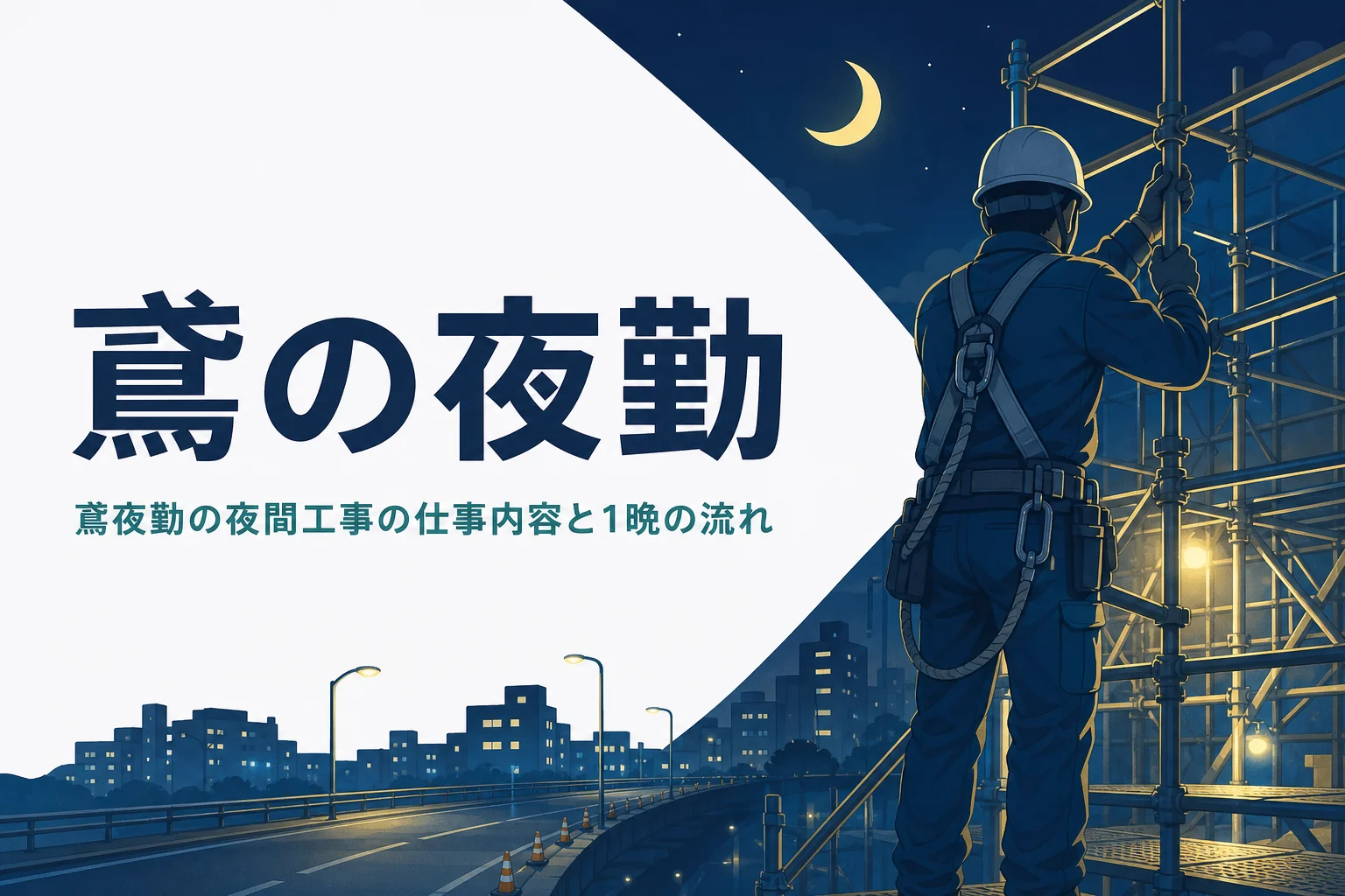 鳶の夜勤の夜間工事の仕事内容と1晩の流れを紹介する記事のアイキャッチ