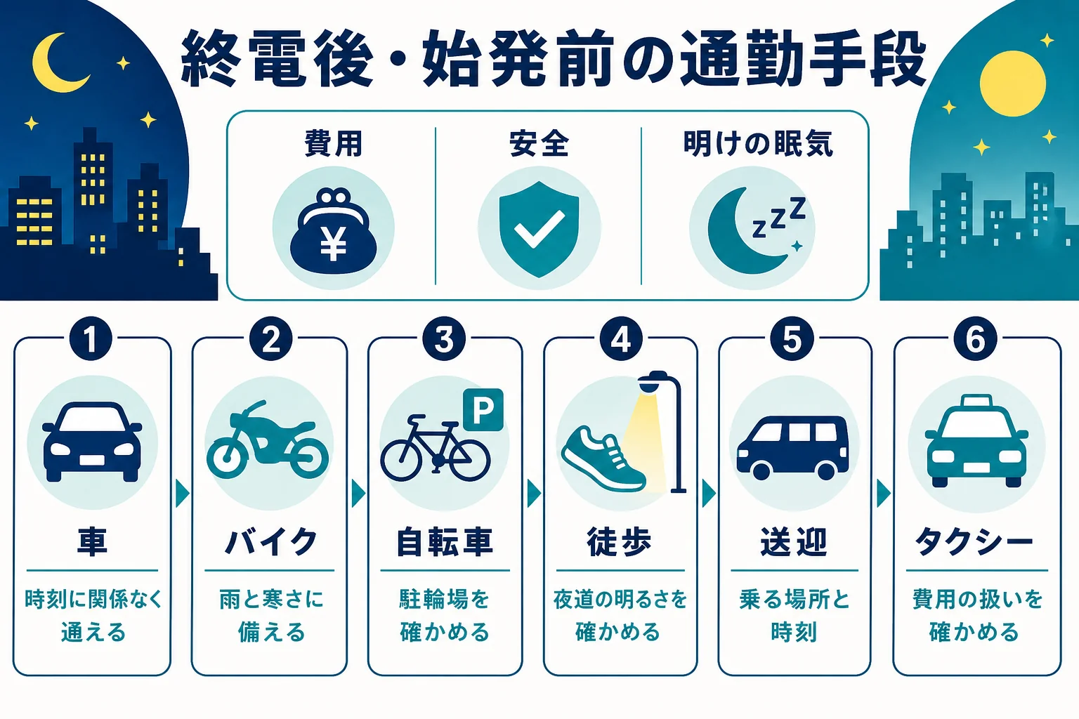 終電後と始発前に使える車・バイク・自転車・徒歩・送迎・タクシーの良いところと気をつけたいことを比べた図解