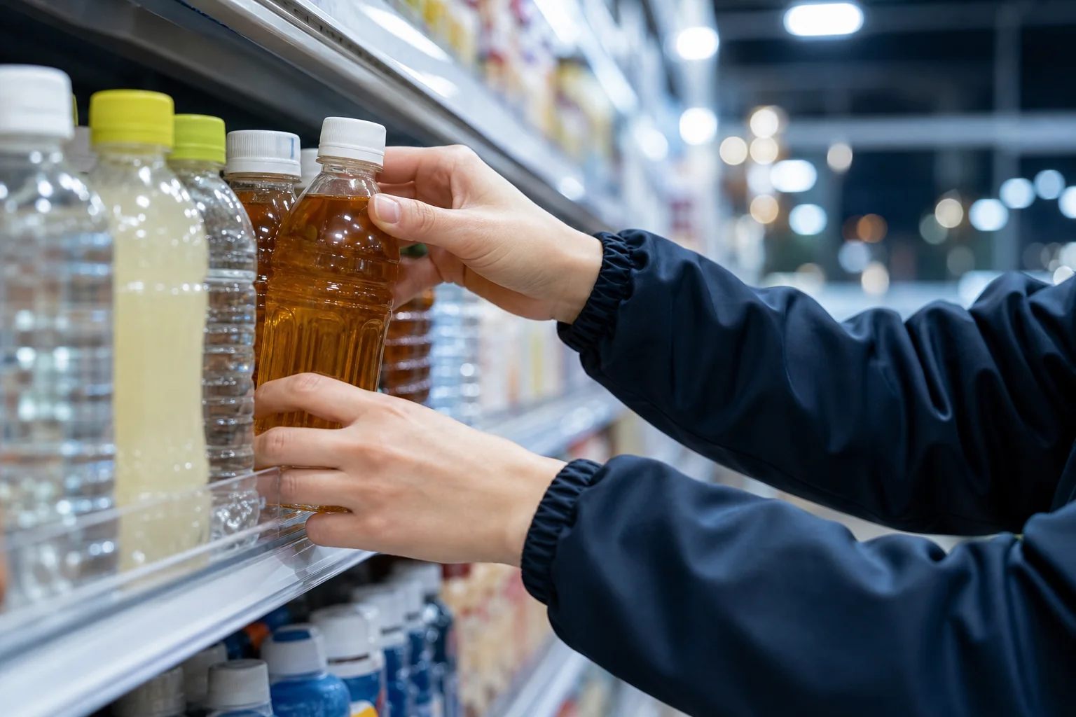 夜のコンビニの売り場で商品を棚に並べる手元
